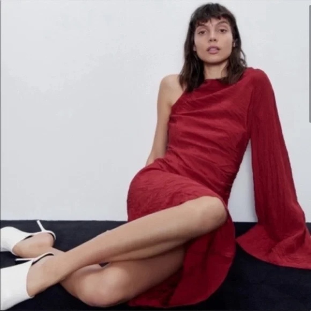 Maroon Red One Sleeve Shoulder Asymmetrical Midi Satin Formal Fancy Dress Sz L - Picture 8 of 16